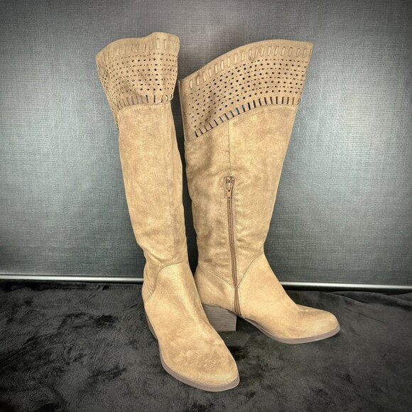 David Aaron Taupe Knee High Perforated Boots - Picture 1 of 11